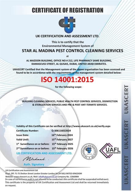 ISO 14001:2015 environmental management certificate of registration for Star Al Madina