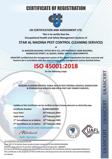 ISO 45001:2018 occupational health and safety certificate of registration for Star Al Madina
