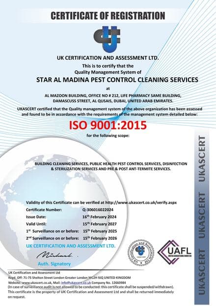 ISO 9001:2015 quality management certificate of registration for Star Al Madina