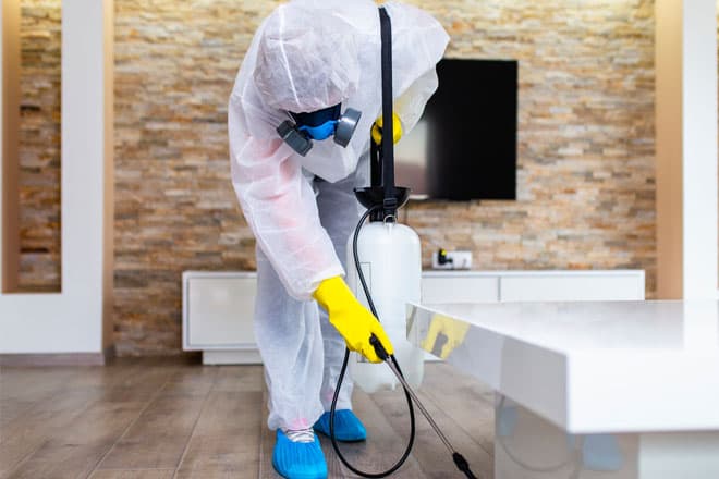 Pest control technician treating the kitchen of a Dubai villa